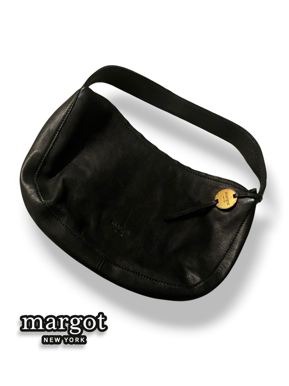 Margot New York Black Leather Stella Hobo Shoulder Bag Gold Medallion